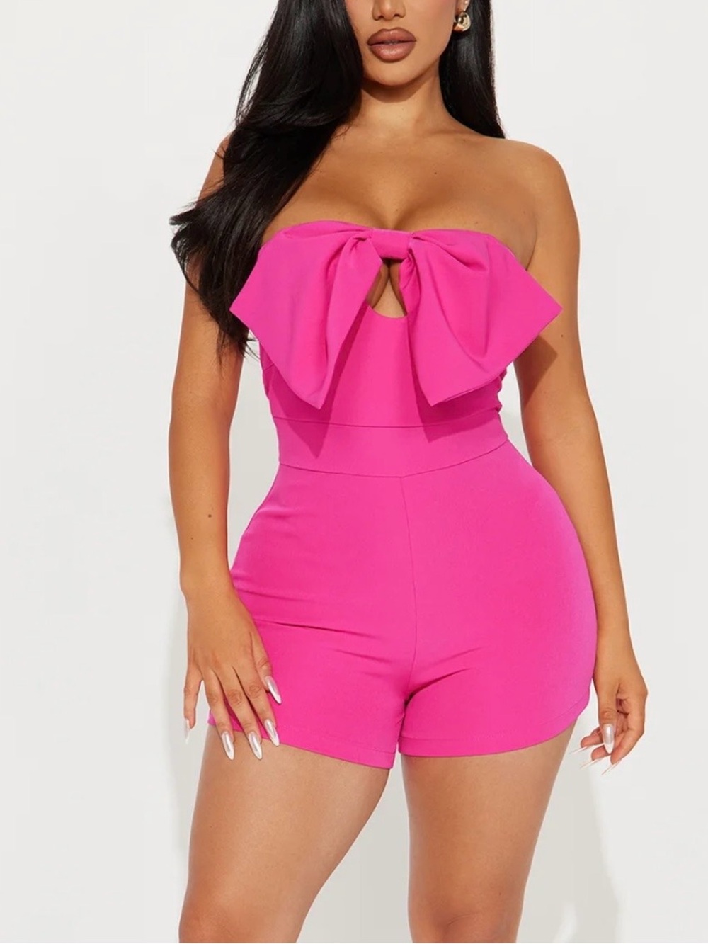 Fashion Nova Hot Pink Strapless Bow Romper